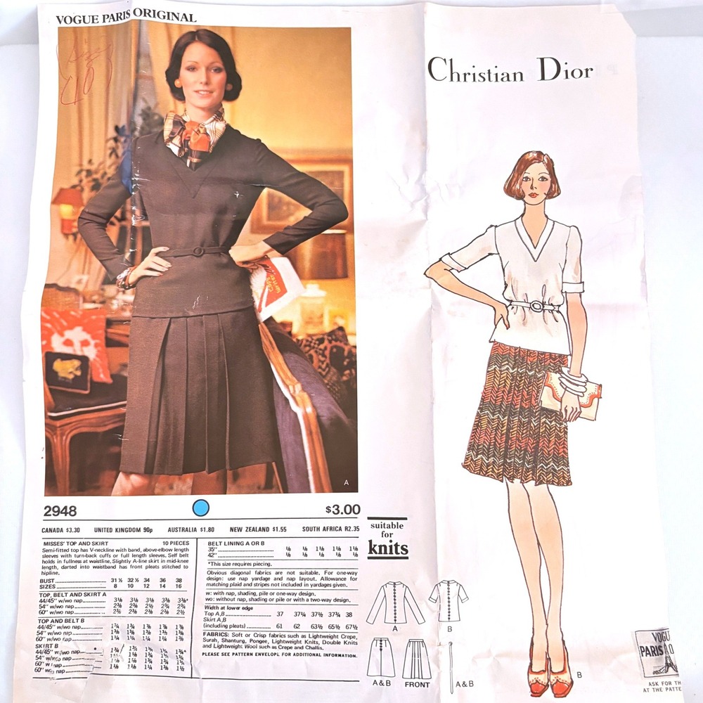 Vogue 2948 Rare Paris Christian Dior Top Skirt Sz 10 Vtg '73 Catalog Pg Uncut